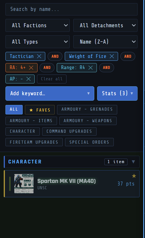 Filtering by keyword and stat across operatives