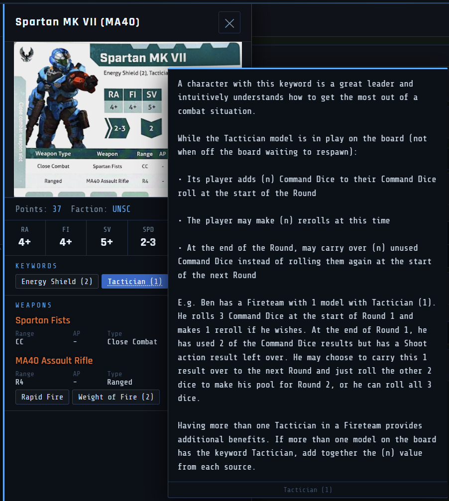 Keyword hover tooltip showing rules text