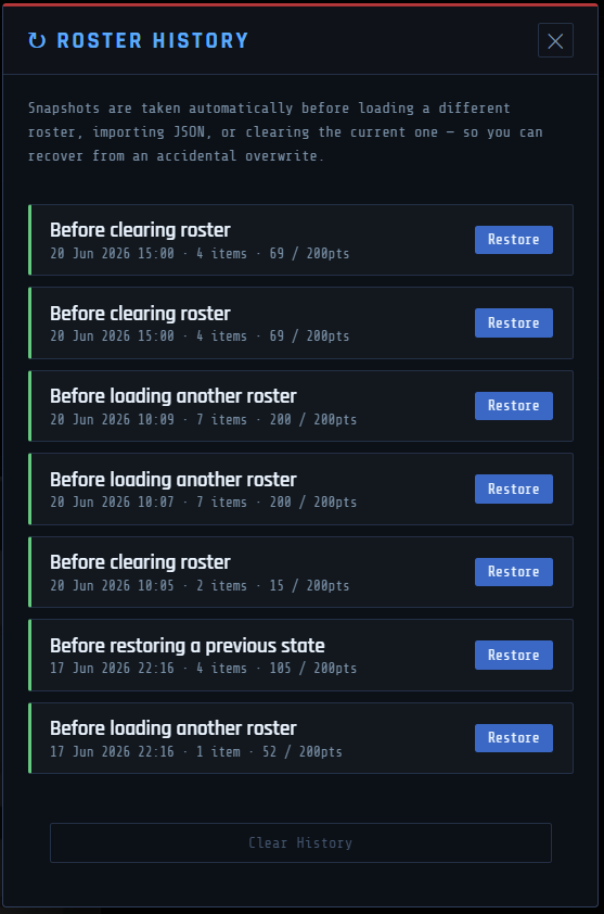 Roster History modal